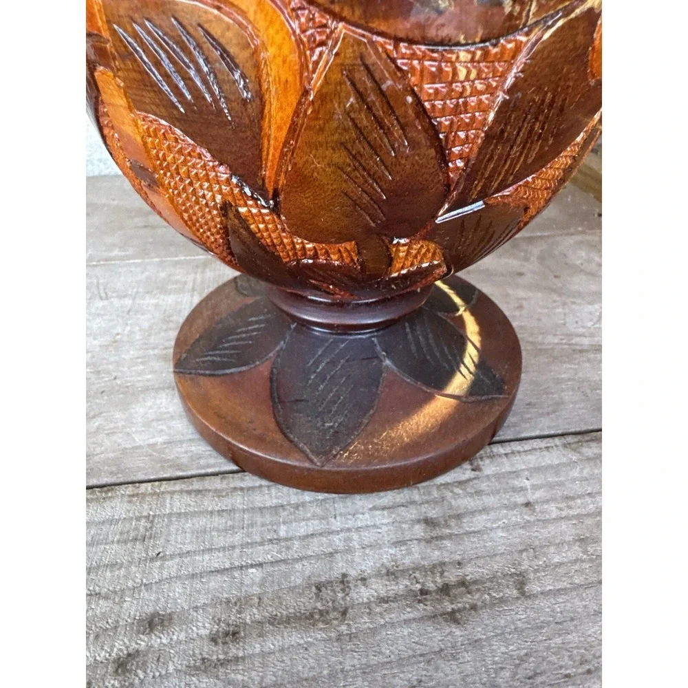 Vintage Hand Carved Wood  Bud Vase Folk Art Decor Flower Donkey‎ Palm Design
